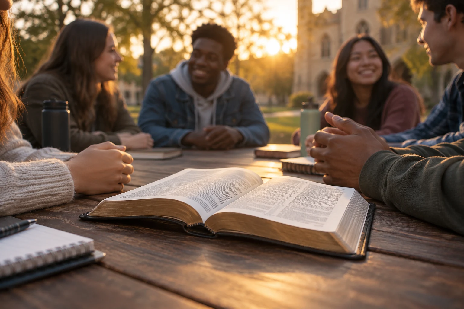 An illustrative scene of students gathered around an open Bible